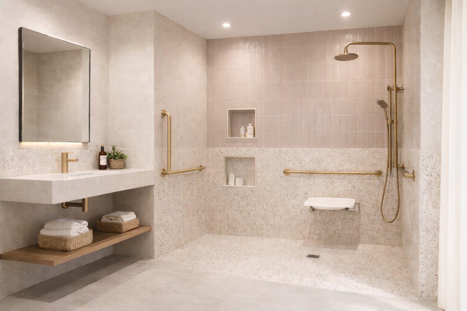 Modern accessible bathroom with gold fixtures and walk-in shower
