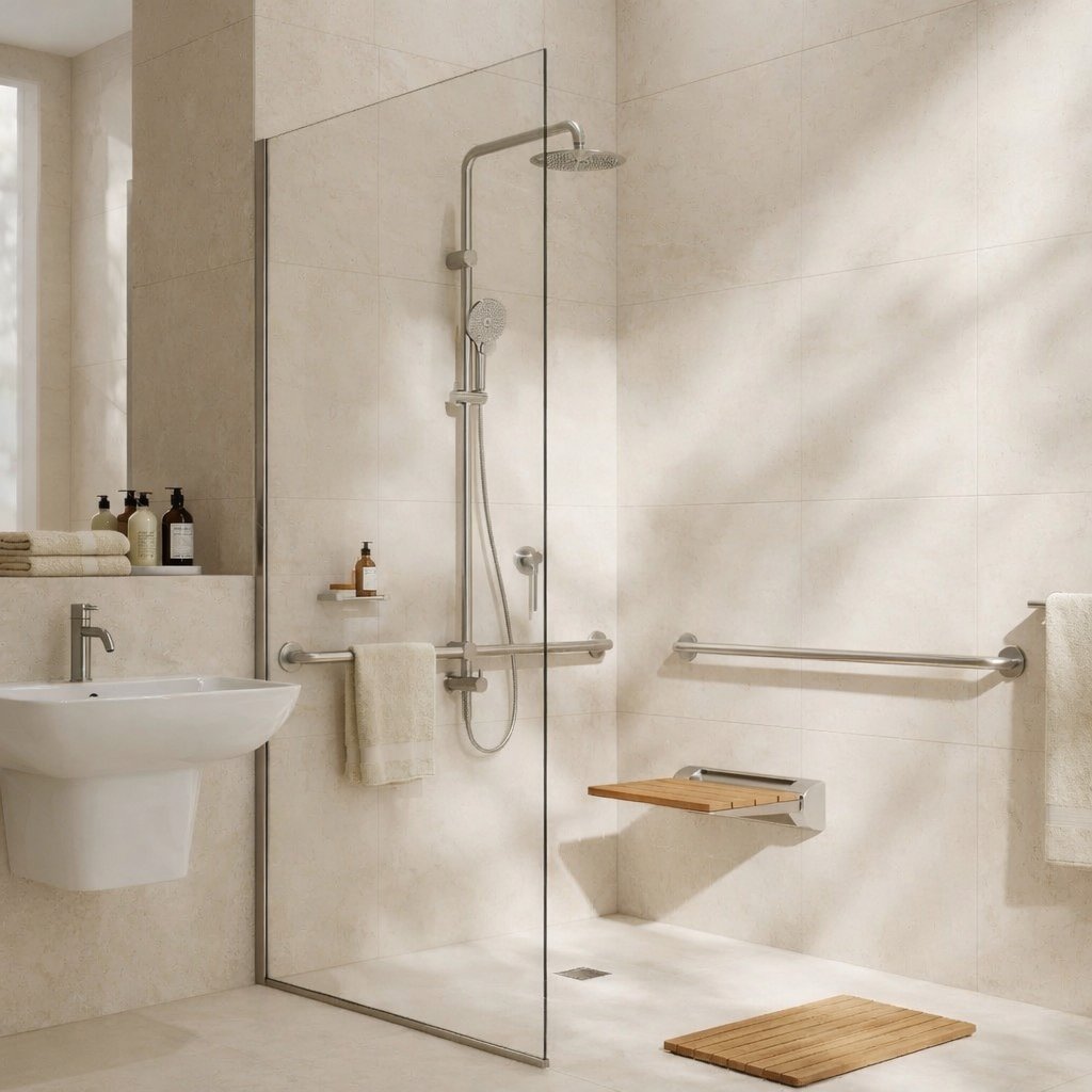 Modern accessible bathroom with shower seat and grab rails